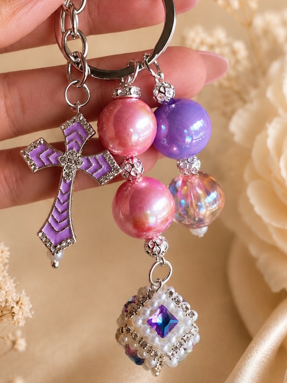 💜 Handmade Pink & Purple Cross Beaded Keychain